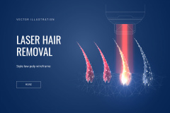 Laser hair removal concept in polygonal futuristic style for banner. Vector illustration of a demonstration of the process of laser epilation, hair follicles with lus from the apparatus